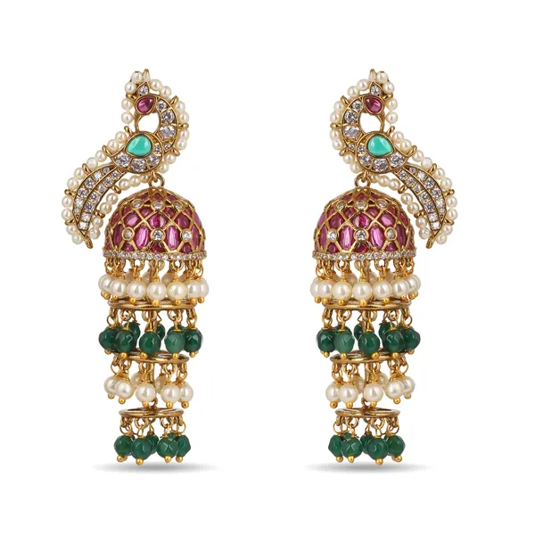 Gold_Plated_Peacock_Jhumka_Earrings_With_Pearls_And_Stones