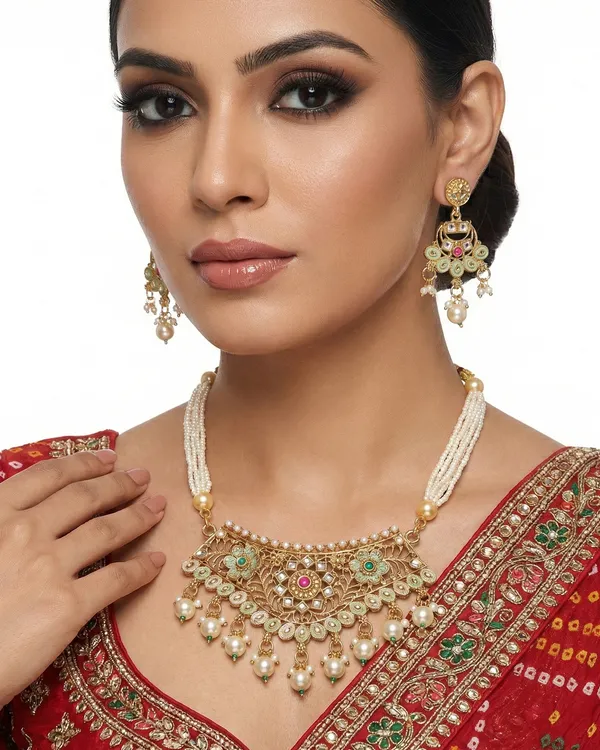 Kundan_Meenakari_Floral_Choker_Necklace_set_With_Earrings_Gold_Plated