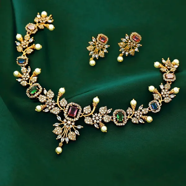 Gold_Tone_Multicolor_Stone_AD_Necklace_Set_With_Pearls