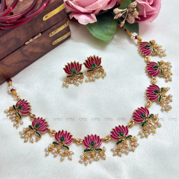 Pink_Lotus_Copper_Necklace_Earrings_Set_With_Pearls