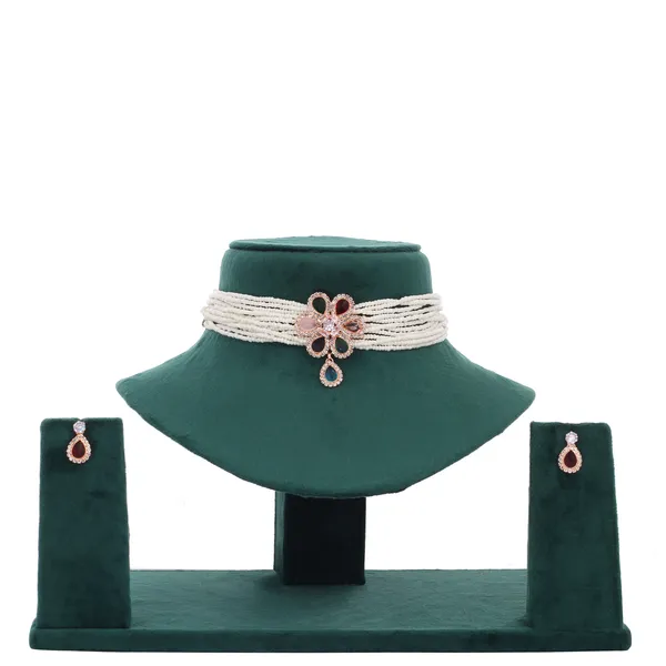 White_Pearl_Multi_Stone_Floral_Choker_Necklace_Set_For_Women