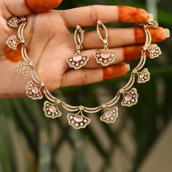 Gold_Tone_Pink_Stone_Studded_Necklace_Set_For_Women