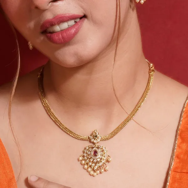 Gold_Plated_Kundan_Pearl_Drop_Necklace_Set_For_Women