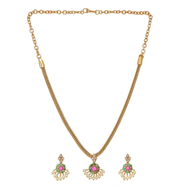 Gold_Plated_Pink_Green_Stone_Pearl_Drop_Necklace_Set_For_Women