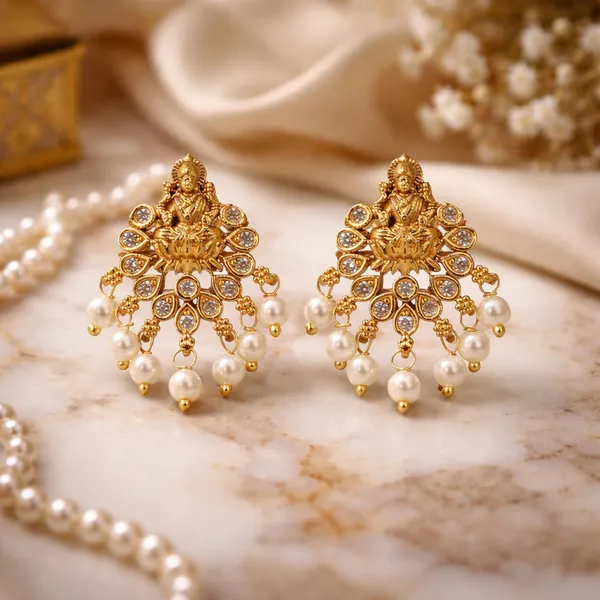 Pearls_&_Zircons_Studded_Gold_Plated_Lakshmi_Temple_jewellery_Earrings