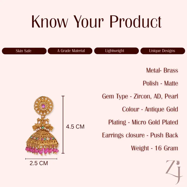 Gold_Plated_Jhumka_Earrings_With_Pink_Beads_And_Multicolor_Stones