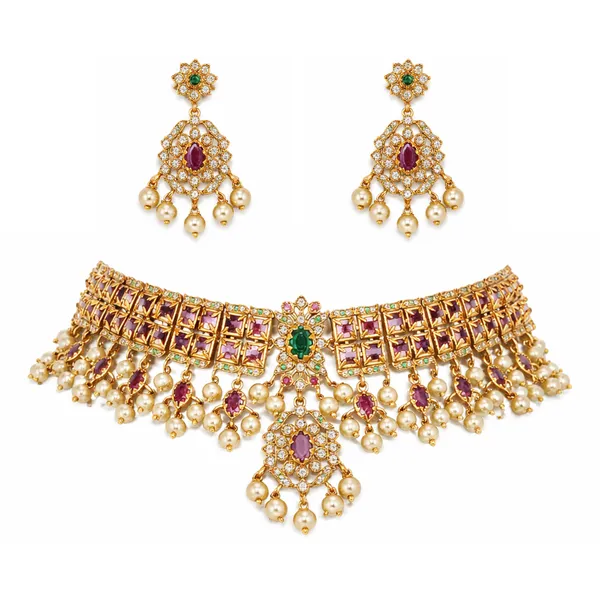 Gold_Plated_Ruby_Emerald_Choker_Necklace_Set_With_Pearl_Drops