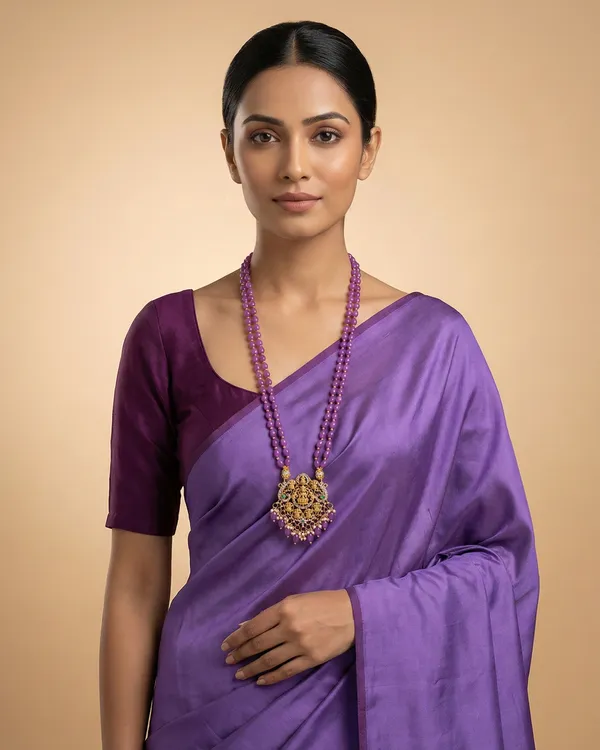 Purple_Beaded_Double_Strand_Long_Necklace_With_Gold_Plated_Lakshmi_Pendant_For_Women