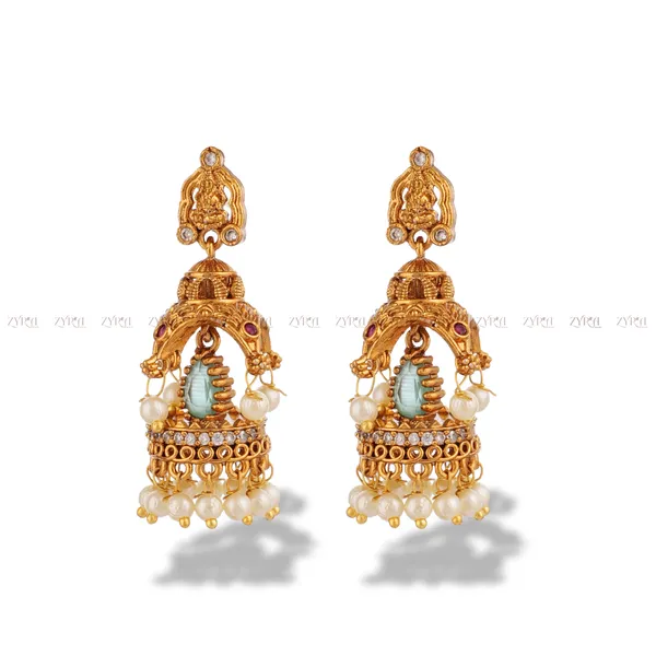 Gold_Antique_Finish_Turquoise_Pearl_Jhumka_Earrings_For_Women