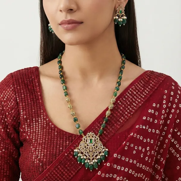Gold_Plated_Zircon_Pendant_Beaded_Long_Necklace_Set_With_Earrings