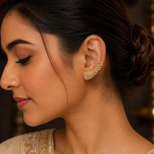 AAA_Grade_Cubic_Zirconia_Studded_Gold_Plated_Branch_Design_Ear_Cuff_Earring_