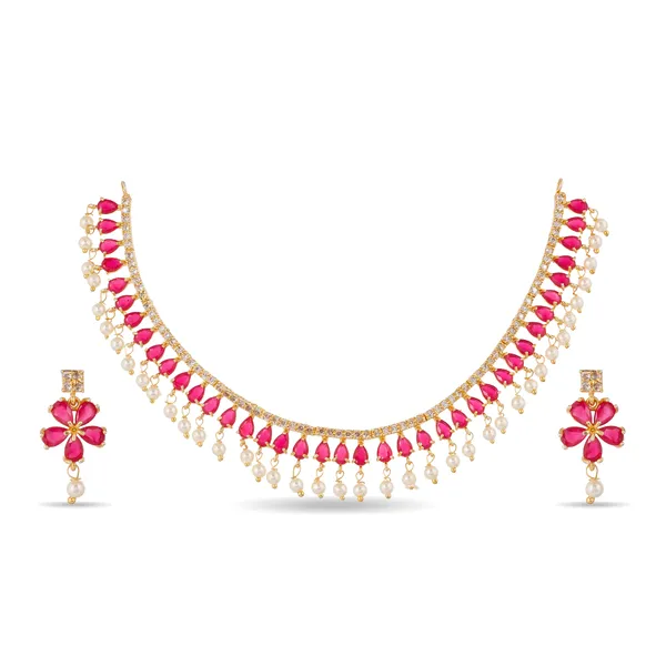 Gold_Plated_Pink_Stone_Pearl_Drop_AD_Choker_Necklace_Set