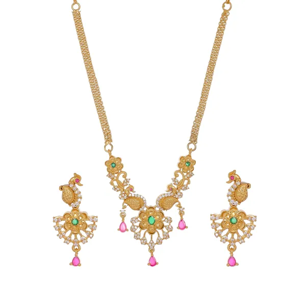Gold_Plated_Peacock_Motif_Floral_Necklace_Earrings_Set