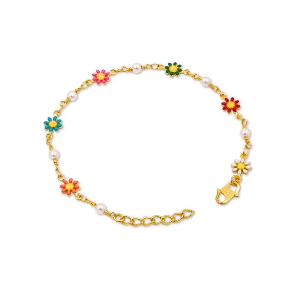 Gold_Tone_Multicolor_Enamel_Flower_Pearl_Charm_Bracelet_For_Girls