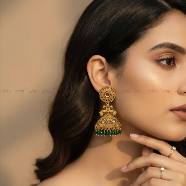 Gold_Plated_Jhumka_Earrings_With_Green_Beads_For_Women