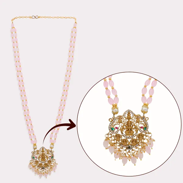 Pastel_Pink_Beaded_Double_Strand_Long_Necklace_With_Gold_Plated_Lakshmi_Pendant_For_Women