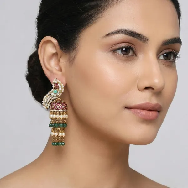 Gold_Plated_Peacock_Jhumka_Earrings_With_Pearls_And_Stones