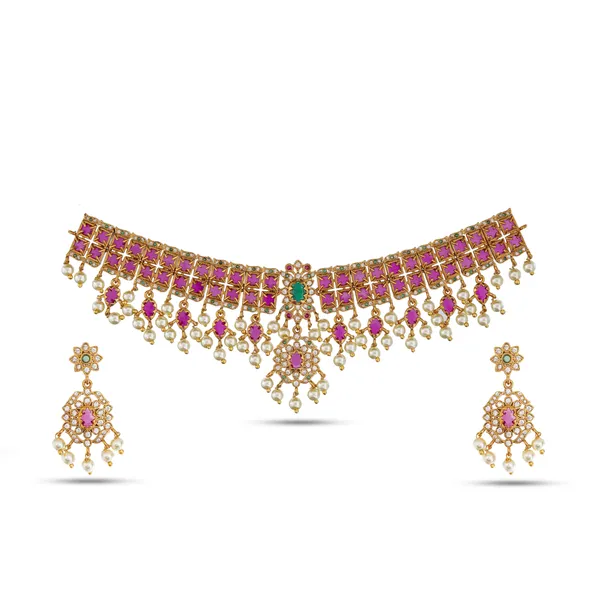 Gold_Plated_Ruby_Emerald_Choker_Necklace_Set_With_Pearl_Drops