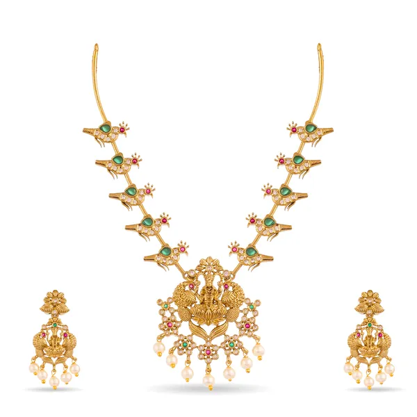 Gold_Lakshmi_Temple_Necklace_Set_With_Emerald_And_Ruby_Accents