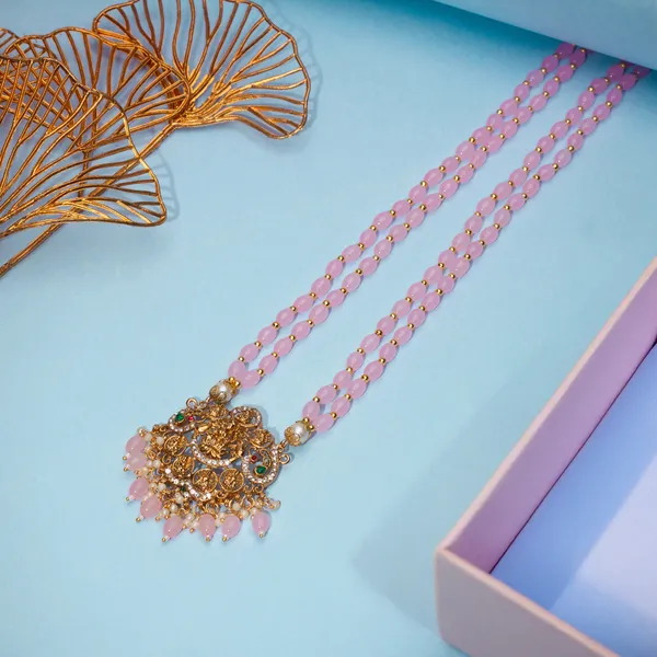 Pastel_Pink_Beaded_Double_Strand_Long_Necklace_With_Gold_Plated_Lakshmi_Pendant_For_Women