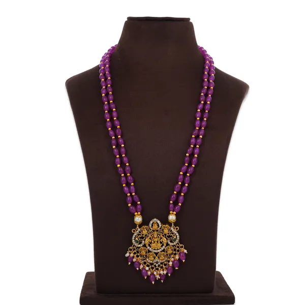 Purple_Beaded_Double_Strand_Long_Necklace_With_Gold_Plated_Lakshmi_Pendant_For_Women