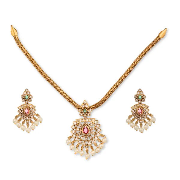 Gold_Plated_Kundan_Pearl_Drop_Necklace_Set_For_Women