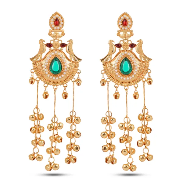 Gold_Toned_Emerald_Red_Stone_Chandbali_Earrings_With_Jhumka_Drops