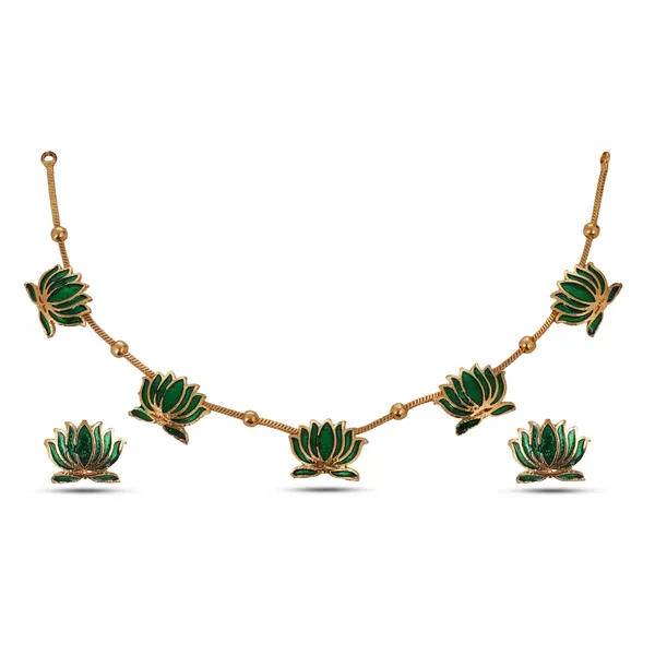 Gold_Plated_Green_Enamel_Lotus_Necklace_Set_With_Earrings