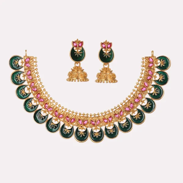 Green_Pink_Enamel_Meenakari_Gold_Plated_Necklace_Set_With_Jhumka_Earrings