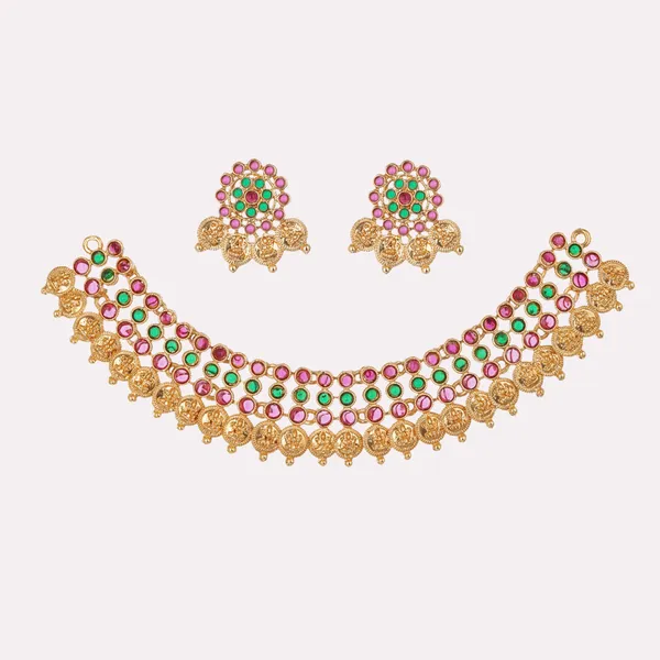 Gold_Plated_Multicolor_Kemp_Stone_Choker_Necklace_Set_With_Earrings