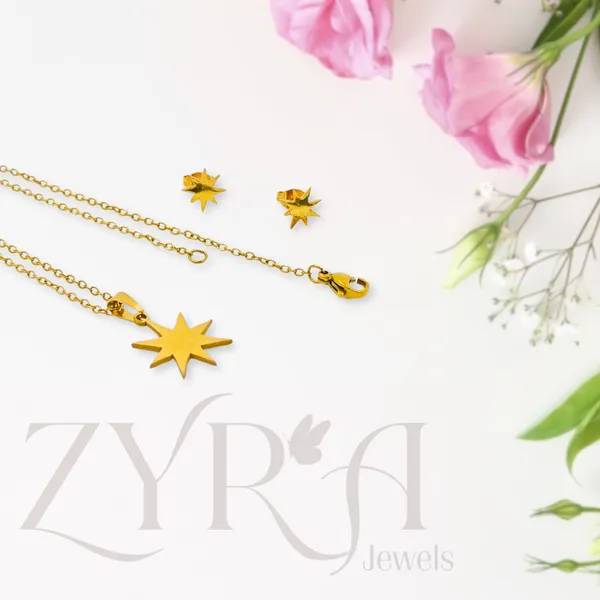 Gold_Starburst_Pendant_Necklace_And_Earring_Set_For_Women