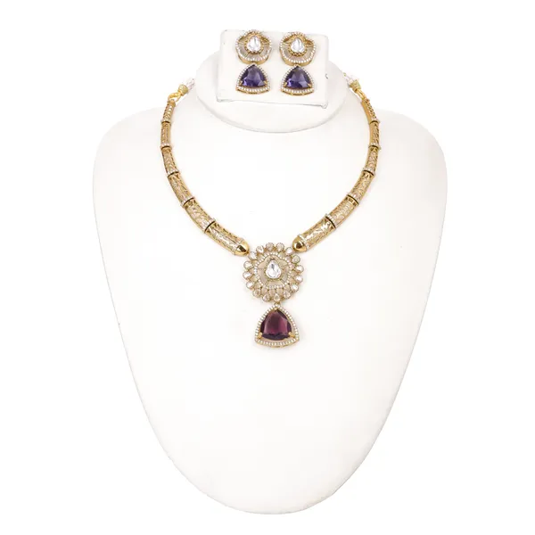 Antique_Gold_Moissanite_American_Diamond_Necklace_Set_With_Purple_Zircon