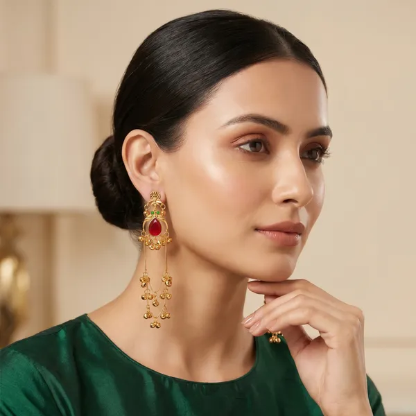 Gold_Plated_Kashmiri_Earrings_Red_Stone_Cascade_Dangle_Design