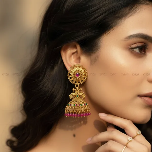 Gold_Plated_Jhumka_Earrings_With_Pink_Beads_And_Multicolor_Stones
