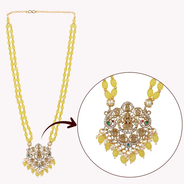 Yellow_Beaded_Double_Strand_Long_Necklace_With_Gold_Plated_Lakshmi_Pendant_For_Women
