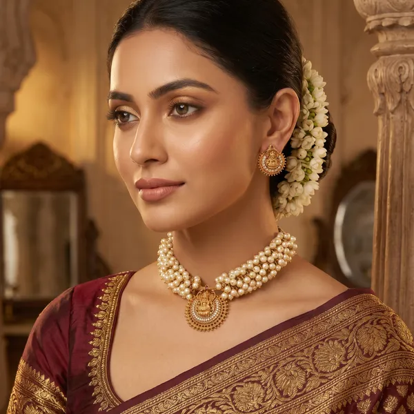 Gold_Plated_Pearl_Cluster_Necklace_Set_With_Matching_Earrings