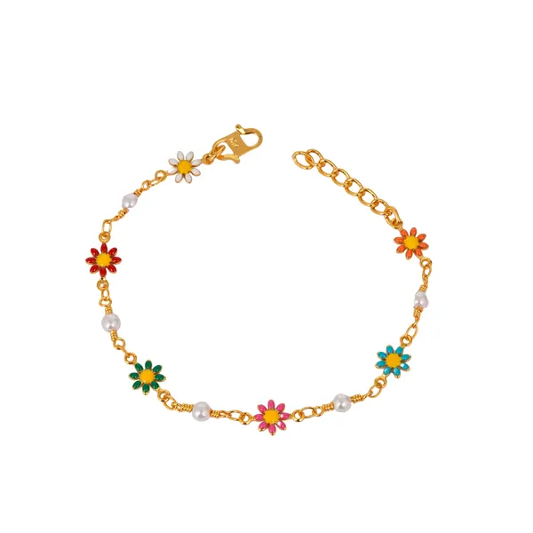 Gold_Tone_Multicolor_Enamel_Flower_Pearl_Charm_Bracelet_For_Girls