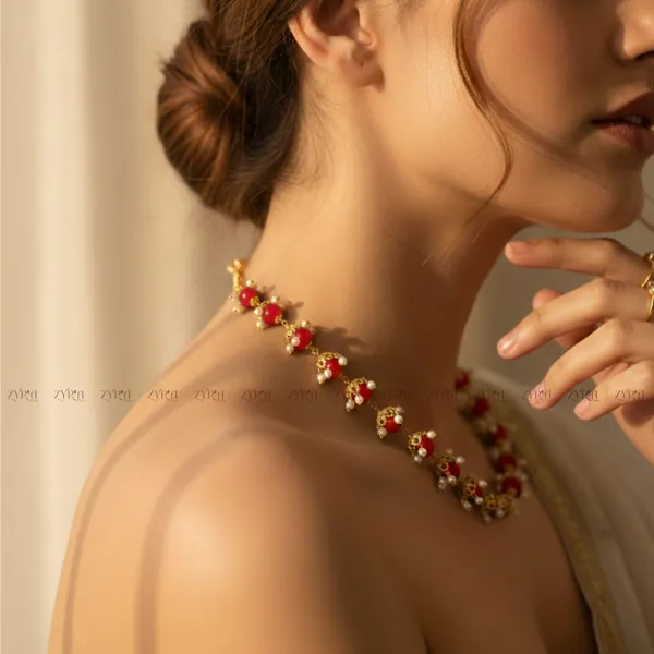 Gold_Red_Stone_Pearl_Embellished_Chain_Necklace_For_Women