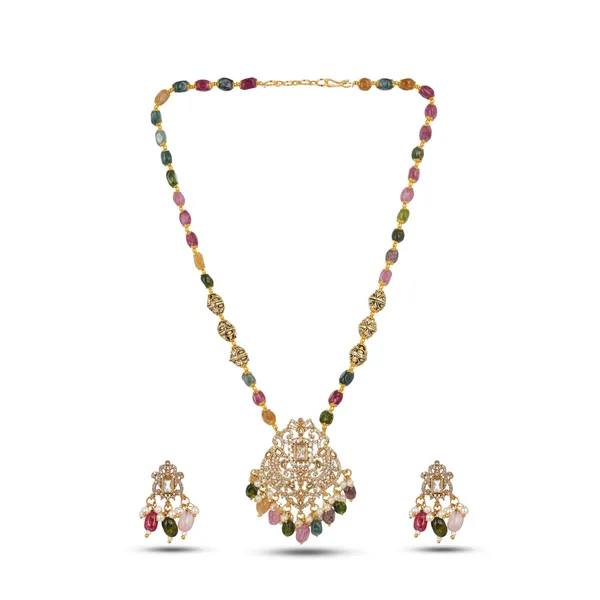 Cubic_Zirconia_Pendant_Gold_Plated_Multicolor_Stone_Long_Necklace_Set_With_Matching_Earrings