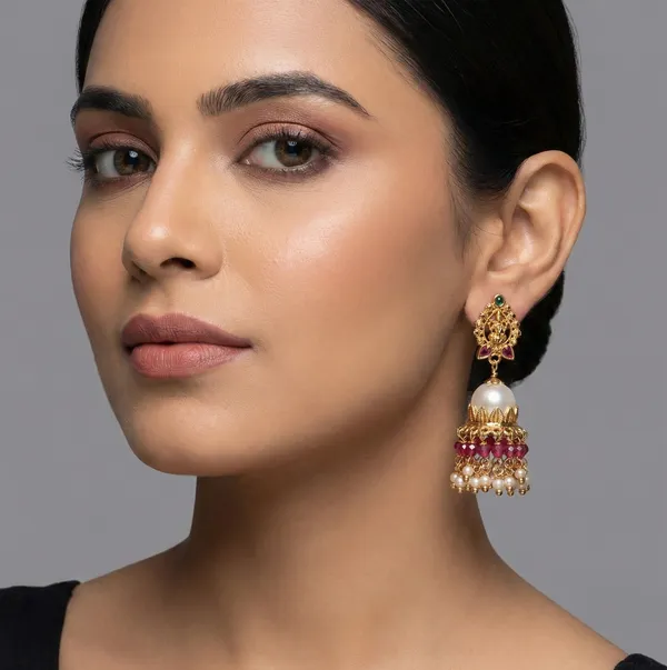 Pearl_&_Lakshmi_Jhumka_Earrings_Brass_Based_Micro_Gold_Plated