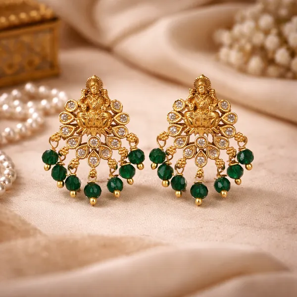Green_Beads_&_Zircons_Studded_Gold_Plated_Lakshmi_Temple_jewellery_Earrings