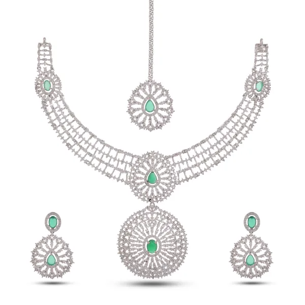 Silver_Green_Stone_Studded_Necklace_Earrings_Maang_Tikka_Set