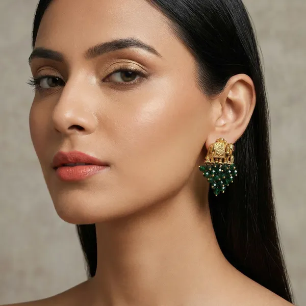 Gold_Plated_Elephant_Motif_Green_Crystal_Bead_Drop_Earrings