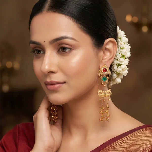Gold_Plated_Kashmiri_Earrings_Cascade_Dangle_Design_With_Red_And_Green_Stones