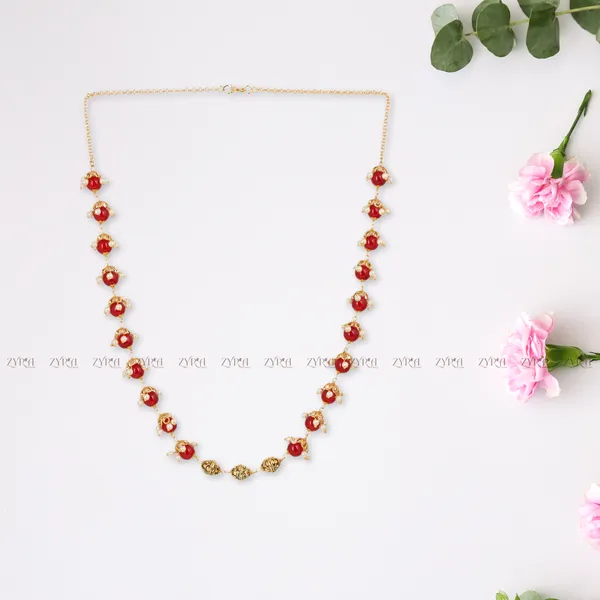 Gold_Red_Stone_Pearl_Embellished_Chain_Necklace_For_Women