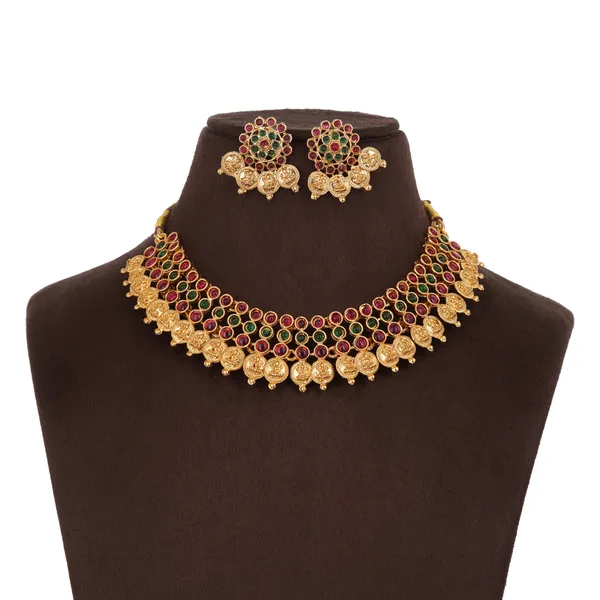 Gold_Plated_Multicolor_Kemp_Stone_Choker_Necklace_Set_With_Earrings