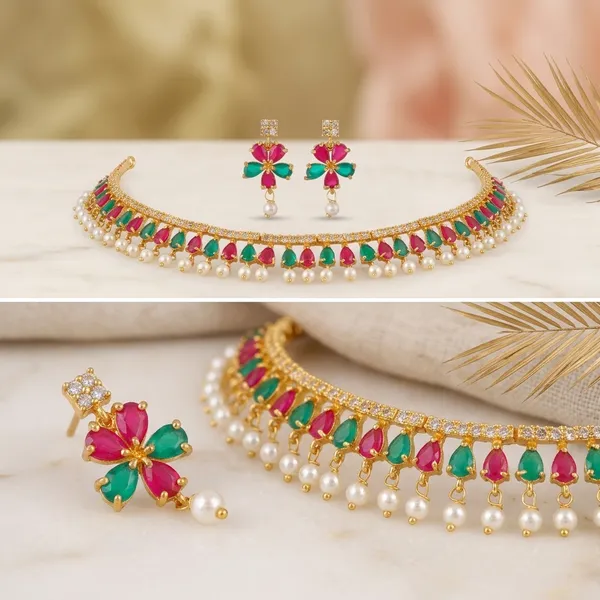 Gold_Plated_Multi_Color_Stone_Pearl_Drop_AD_Choker_Necklace_Set