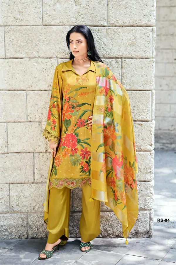 MUSTARD_YELLOW_viscose_woven_digitally_printed_with_hand_work_and_lace_