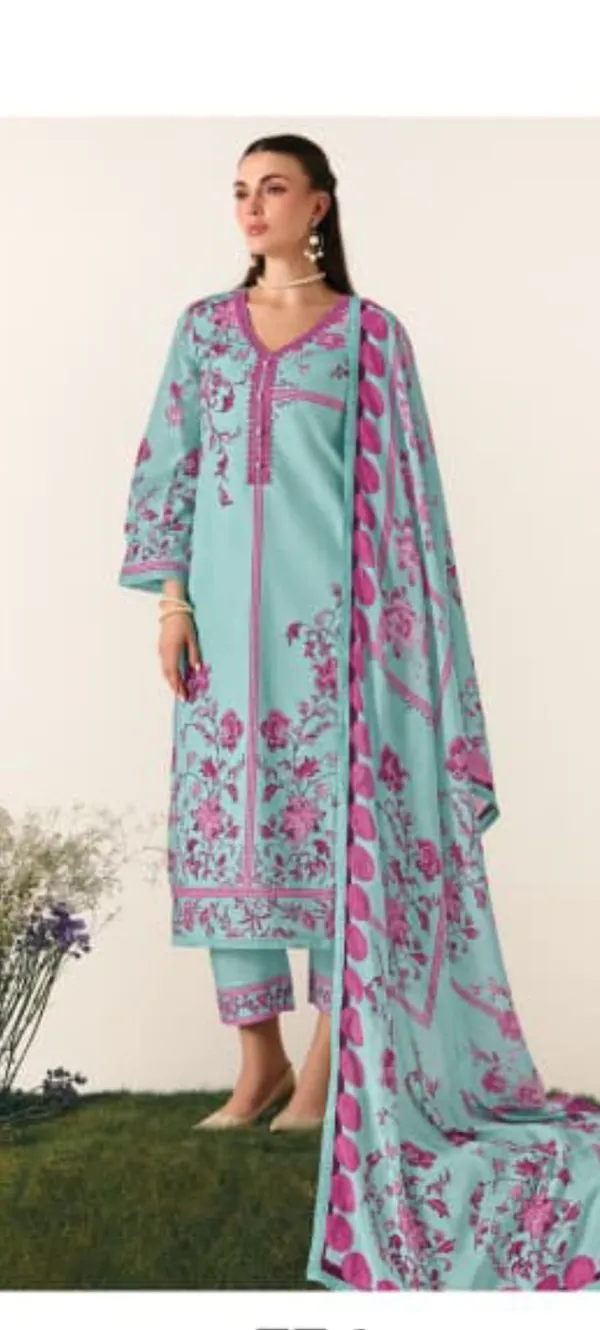 Turquoise_Lawn_Cotton_Floral_Print_Unstitched_Kurta_Set_For_Women