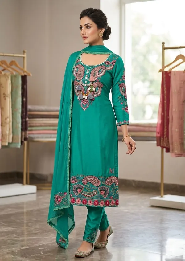 Turquoise_Cotton_Silk_Embroidered_Straight_Unstitched_Kurta_Set_For_Women